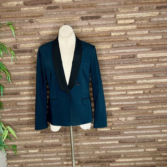 Express Black and Dark Teal Colorblock Tuxedo Shawl Collar Blazer Jacket Size 12 - Picture 6 of 6